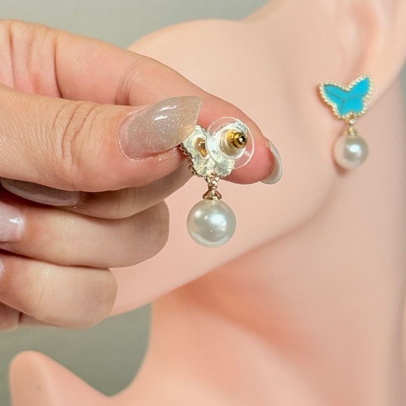Gold and Turquoise Butterfly Pearl Earrings - Picture 5 of 6